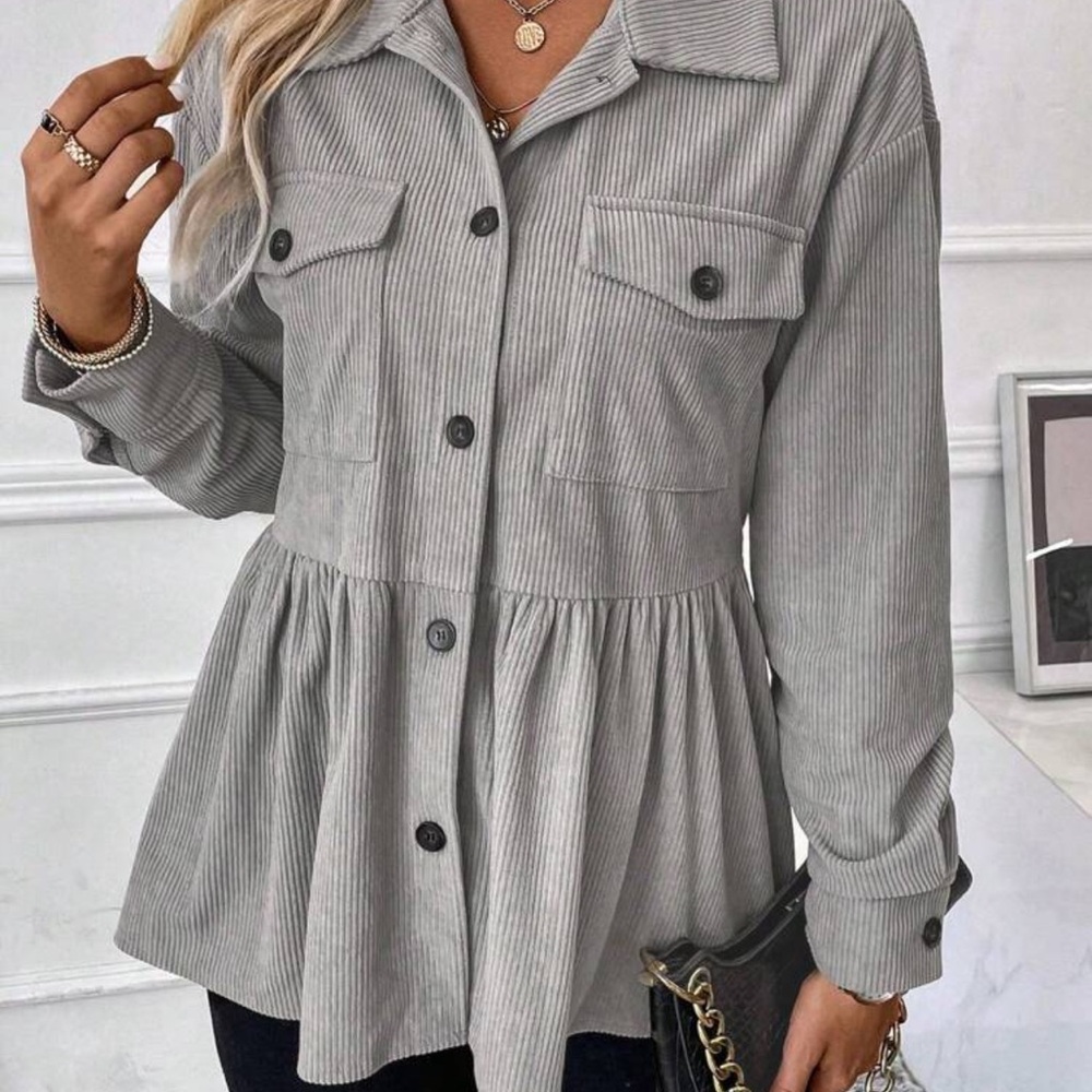 SHEIN LUNE Flap Pocket Drop Shoulder Peplum Corduroy Jacket
